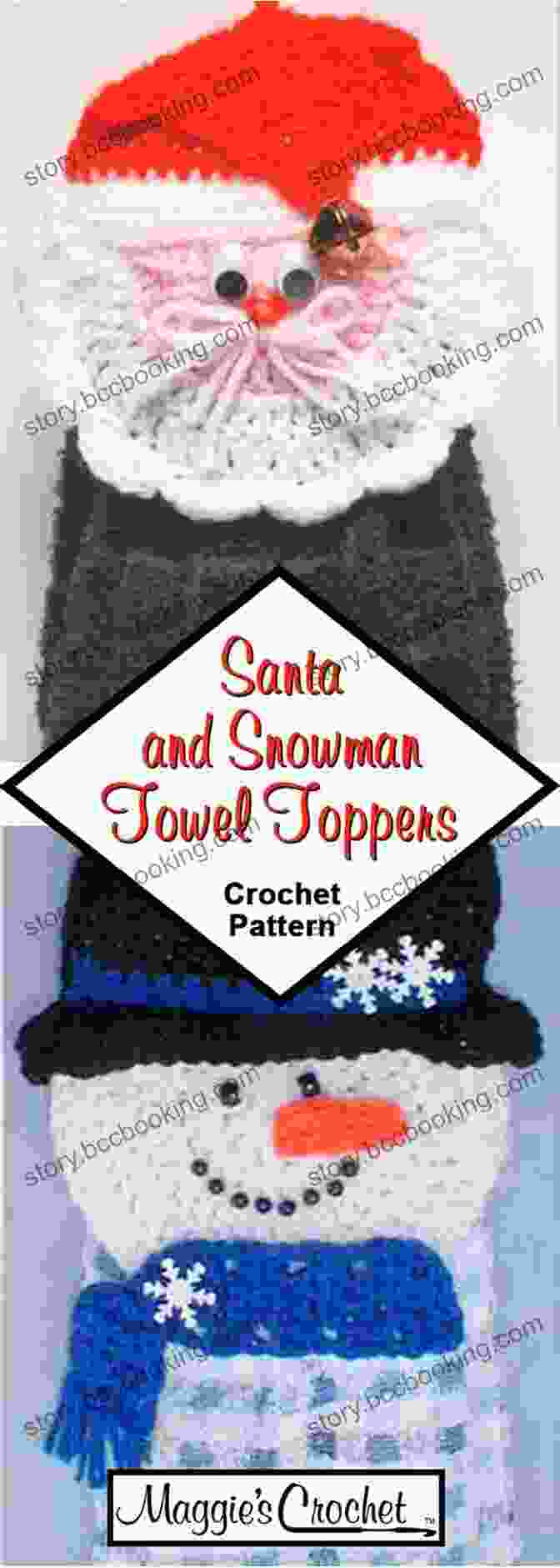 A Vibrant Display Of Crochet Pattern Santa Snowman Towel Toppers Ps070, Showcasing Their Intricate Details And Festive Charm. Crochet Pattern Santa Snowman Towel Toppers PS070 R