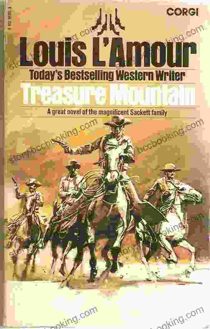 Treasure Mountain Book Cover Featuring A Cowboy On Horseback Against A Backdrop Of Mountains And A Setting Sun Treasure Mountain (Sacketts 13) Louis L Amour